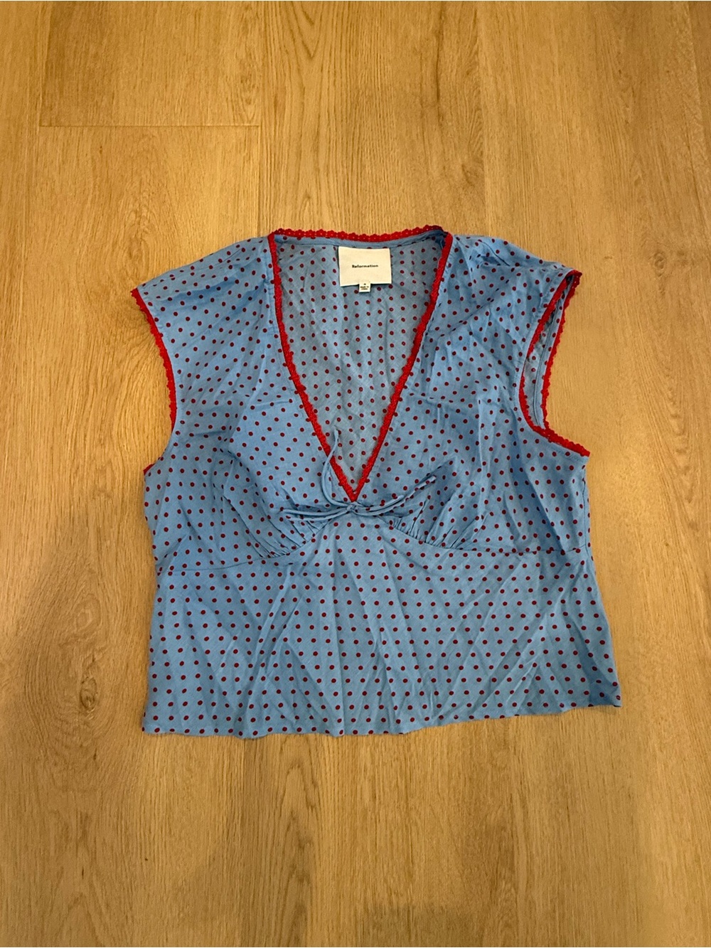 Reformation Light Blue Polka Dot V-Neck Tank with Red Trim